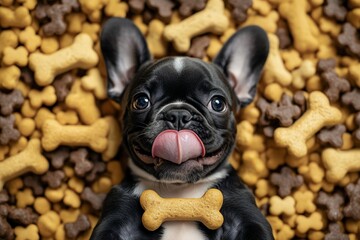 Wall Mural - Happy French Bulldog puppy lying on dog biscuits.