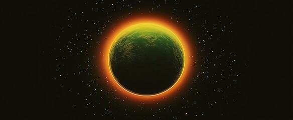 Wall Mural - green planet with orange glow in space.