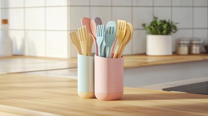 Sticker - Pastel Kitchen Utensils In Modern Holder