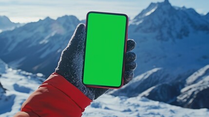Black gloved hand holding a smartphone while standing on a snowcapped mountain. Smart phone screen is a chroma key green screen for replacement with ski app or map.