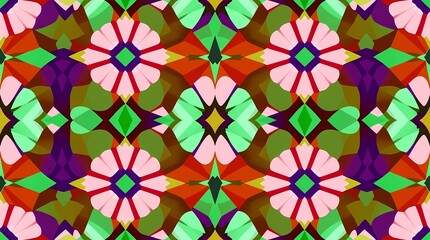 A repeating geometric seamless pattern featuring vibrant jewel tones, a bold Art Deco style, and a high-resolution digital rendering.