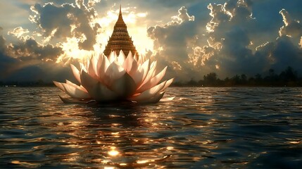 Canvas Print - Sunrise over serene water with giant lotus and temple.