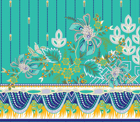 Wall Mural - Layered ethnic floral motifs with repeating geometric borders for vibrant wallpapers and creative gift wraps.