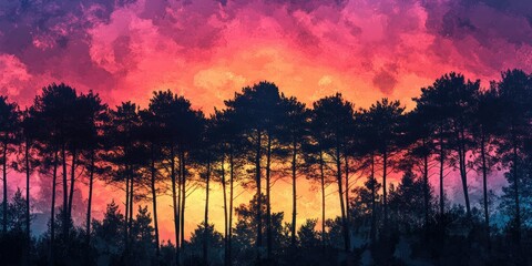Wall Mural - majestic sunset scenery with tall trees