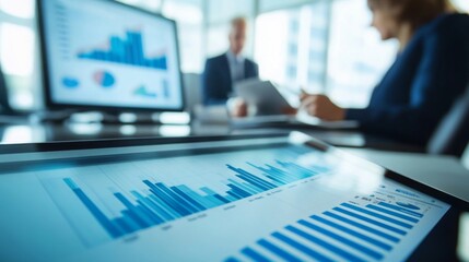 Poster - In a modern office setting, a professional woman discusses data trends with a colleague, focusing on charts and graphs displayed on screens.
