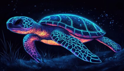 Wall Mural - A stunning neon light turtle glides gracefully through the water.