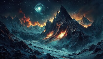 Wall Mural - Stunning sci-fi mountain landscapes adorned with snow.
