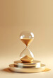 © linno - A clear hourglass with golden sand on a chrome podium, isolated on beige eco paper. Perfect for time, timer, countdown, and deadline concepts.