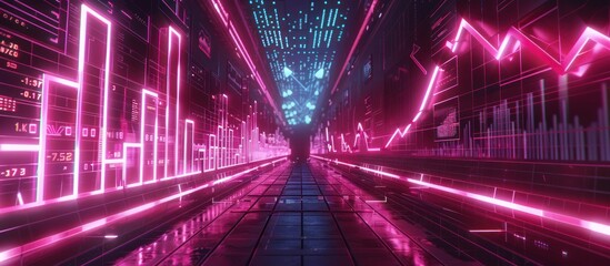 Wall Mural - neon pink and blue data corridor with financial charts.