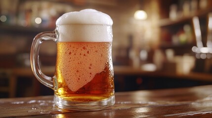 Wall Mural - Cold beer A close-up view of steamed mug with foam overflowing in a bar on wooden table a desk 