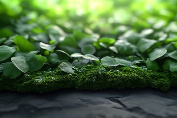 Poster - Lush Greenery with Vibrant Moss and Leaves Glowing in Soft Sunlight : Generative AI