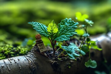 Poster - Young Green Plant Growing in Mysterious Forest Setting with Corked Bottle and Lush Background : Generative AI