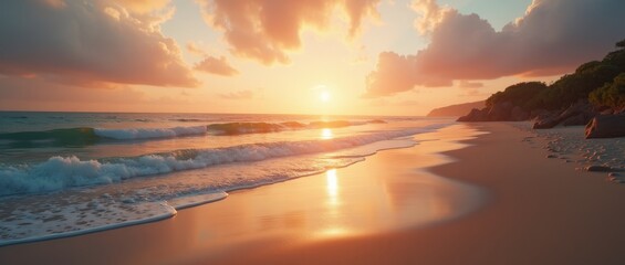 Wall Mural - A serene beach scene at sunset, with gentle waves and a warm, golden sky