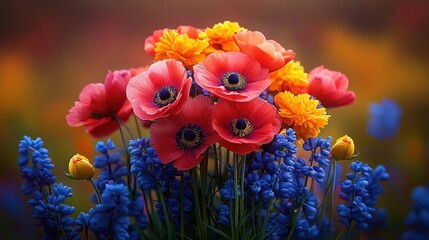 Wall Mural - Vibrant bouquet of red poppies and blue flowers in a colorful field during sunset