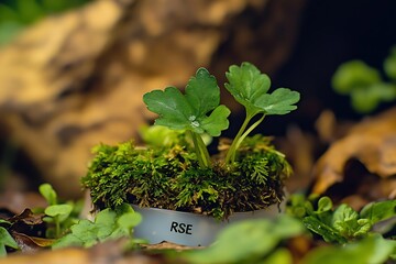Poster - Small Green Plant in Mossy Setting with RSE Marker Among Fallen Leaves on Forest Floor : Generative AI
