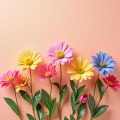 Wall Mural - Vibrant, colorful blooms in a field of pink, yellow, and blue flowers