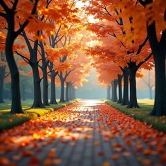 Wall Mural - A serene autumn scene, with vibrant orange leaves carpeting the ground