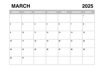 Poster - March 2025 Monthly Calendar Planner Template. 3d Rendering
