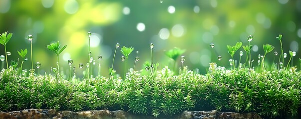 Poster - Fresh Morning Dew on Lush Green Moss in a Serene Forest Environment : Generative AI