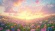 © Waraporn - Breathtaking sunset landscape with a vibrant field of colorful blooming flowers in a tranquil rural setting  The glowing sky and soft light create a magical fairytale like ambiance