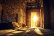 © NayaiP - Lumière dorée inondant une chambre ancienne aux hiéroglyphes mystérieux et un lit couvert.
