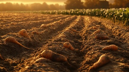 Wall Mural - Freshly harvested carrots in a field at sunrise.