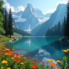 Wall Mural - Serene lake, majestic mountains, vibrant flowers, and lush trees create a breathtaking landscape