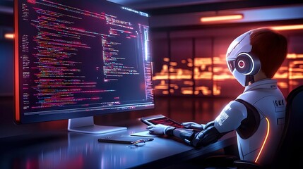 ai robot coding; futuristic tech concept - artificial intelligence