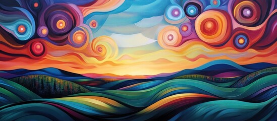 Wall Mural - vibrant abstract landscape painting of rolling hills under a swirling, colorful sky at sunset.