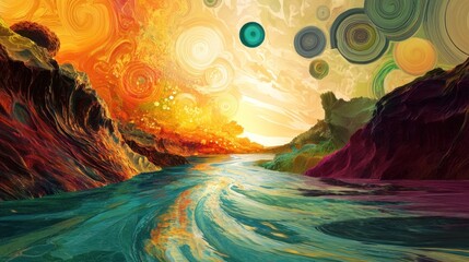 Wall Mural - surreal landscape painting of vibrant river flowing between colorful, abstract mountains under a swi