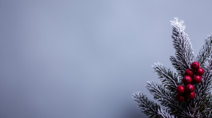 Wall Mural - Snowy Fir Branch with Holly Berries  Winter Holiday Background