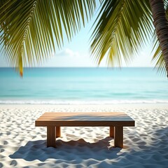 Wall Mural - A serene beach scene with a wooden bench, palm trees, and a calm sea