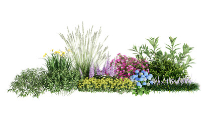 Wall Mural - 3d rendering illustration nature meadow bush on lawn grass field beautiful plant on isolate backgrou