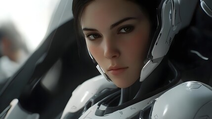 Wall Mural - A close-up of a female character in futuristic armor, suggesting a sci-fi theme.