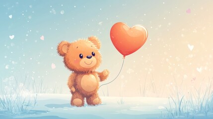 Wall Mural - Cute teddy bear holding heart balloon in snowy landscape.