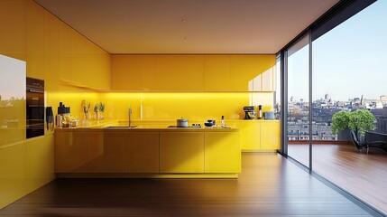 Sticker - A spacious kitchen with Yellow Grape-colored cabinets, an oversized island, and bright natural lighting.