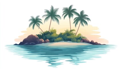 Poster - Tranquil tropical island with palm trees at sunset.