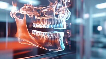 Fototapete - A detailed digital x-ray shows a human skull, highlighting the dental structures and jawline