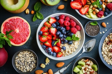 A vibrant visual of a raw food breakfast, featuring fresh fruits, nuts