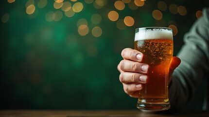 Wall Mural - Man holding a glass with cold fresh beer on blurred green background. Oktoberfest festival and St. Patrick's day celebration in pub or bar. Festive concept for design menu, greeting card, banner