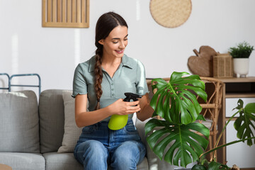 Wall Mural - Young woman spraying water on Monstera houseplant in living room