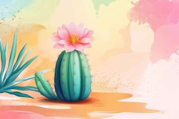 Wall Mural - A sweet vector of a small cactus with a pink flower, decorated with pastel-colored background elements.