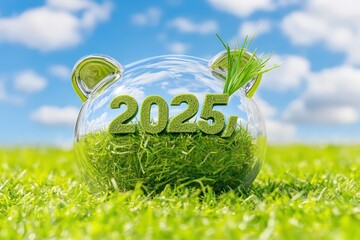 a symbolic image of a piggy bank made of glass, holding grass in the form of 