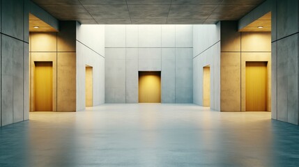 Wall Mural - Modern Interior Space with Four Vertical Elevators and Minimalist Design in Soft Lighting and Concrete Walls