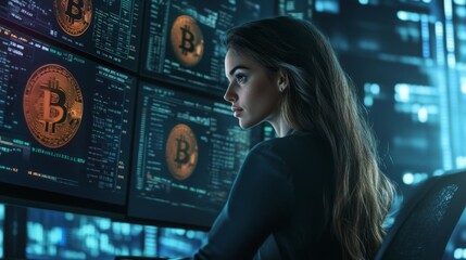Leinwandbilder - A focused woman studies multiple screens displaying cryptocurrency information in a sleek, dimly lit office.