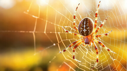 spider weaves its web in golden sunlight, creating delicate pattern