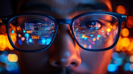 Asian man with glasses programming in a tech-filled office, coding for cyber security while the reflection in his eyewear shows his deep focus on hacking prevention solutions.