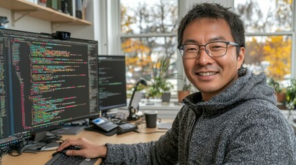 Asian man with glasses programming in a modern office, deeply focused on cyber security tasks, with coding reflected in his eyewear while addressing hacking threats.