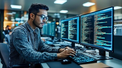 asian man with glasses deeply focused on coding for cyber security in a modern office, reflecting pr