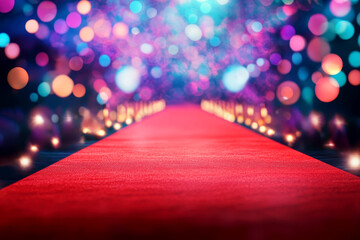 Elegant award ceremony atmosphere with blurred lights and audience showcasing red carpet.